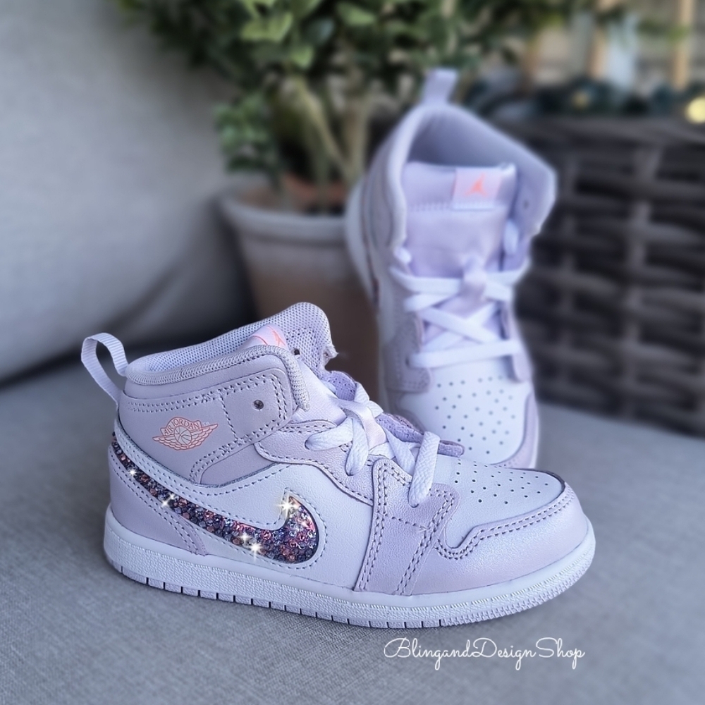 Nike Jordan 1 Mid SE Purple Sneakers Customized With Swarovski Crystals Girls